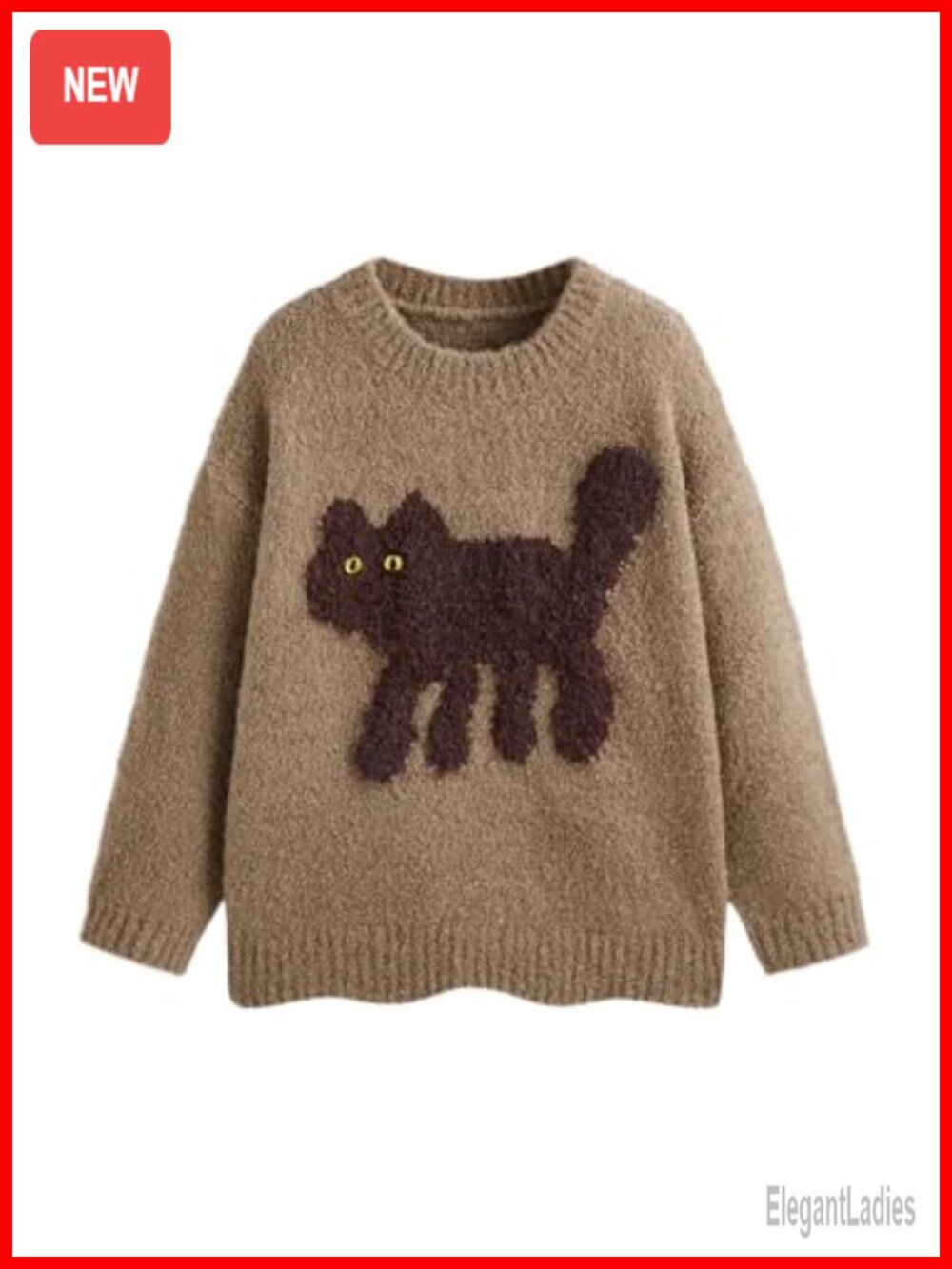 Women's Chunky Knit Cat Graphic Pullover Sweater Oversized Crew Neck